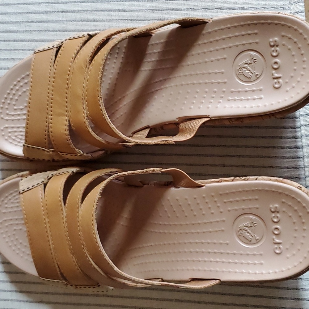 Crocs 8M Tan Strap Cork Wedge Heel Slide Sandals